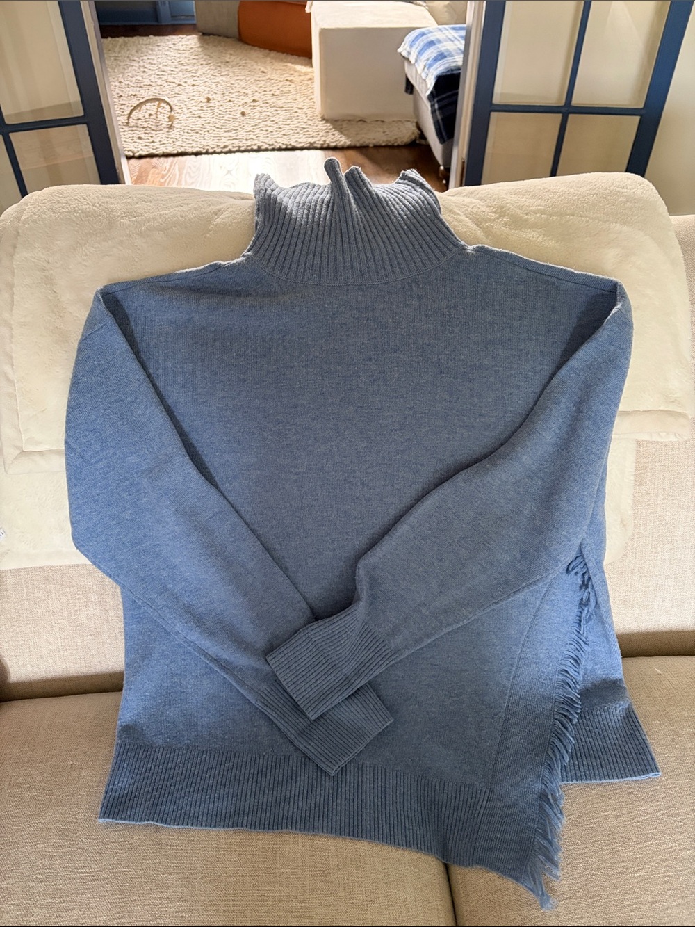 Vineyard Vines Light Blue Turtleneck Fringe Hem Sweater
